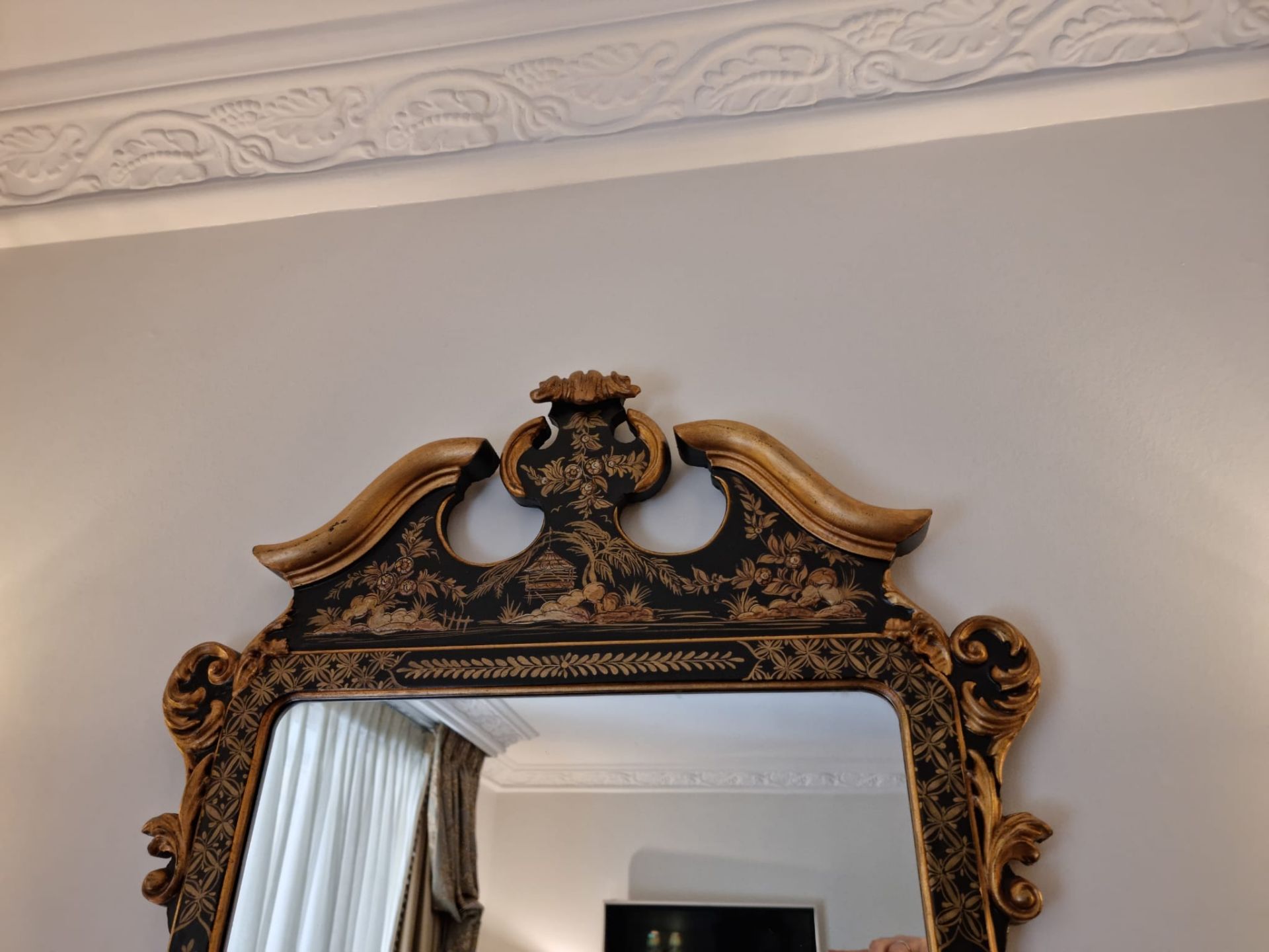 Black Lacquered And Gilt Accent Mirror With Cartouche Pediment 72 x 120cm (Room 105 - Image 3 of 3