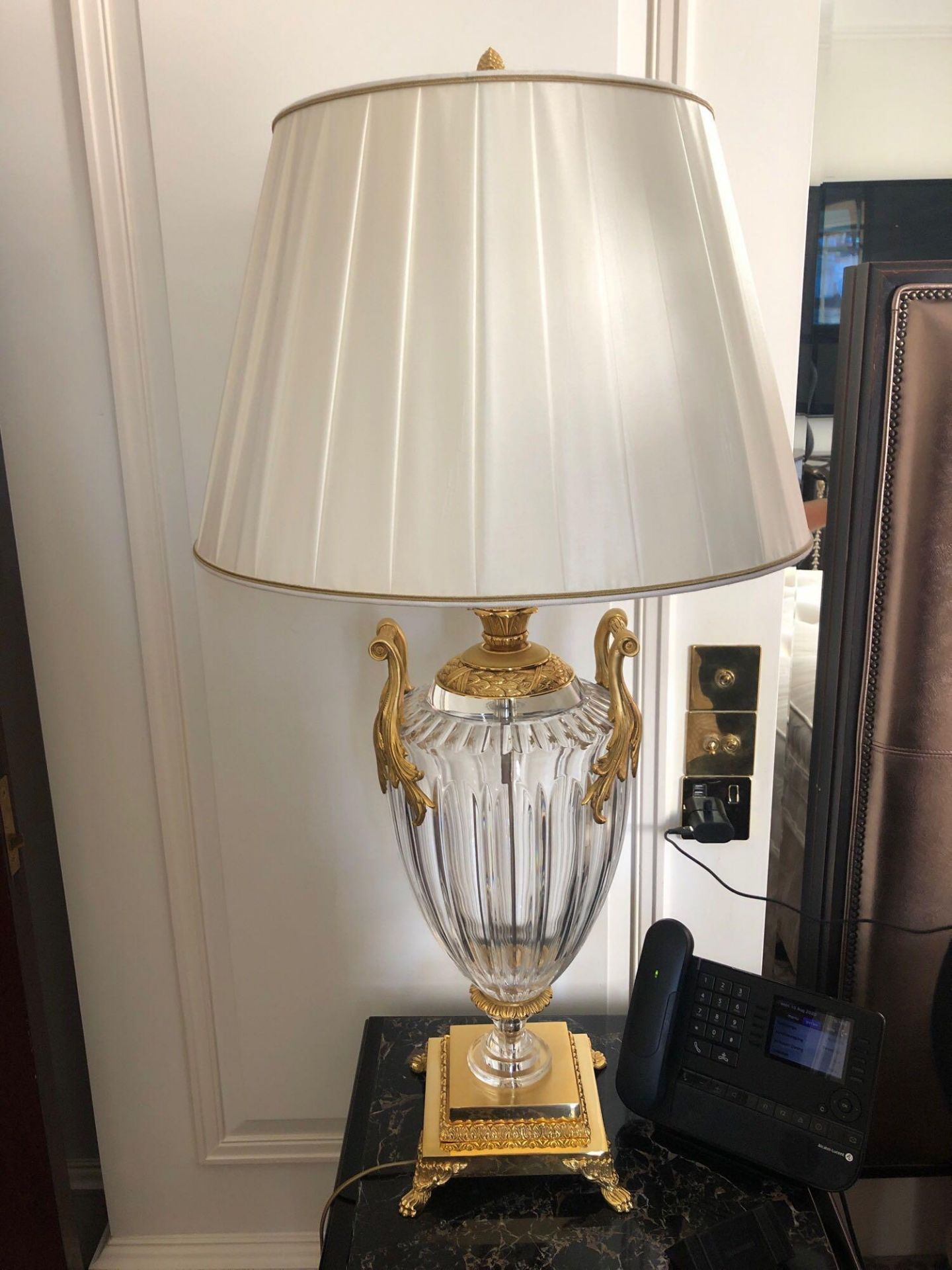 A Pair Of Laudarte Crystal Table Lamps Inserts And Decorations In 24ct Gold With Shade 95cm Tall (