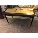 Writing Desk High Gloss Ebony Wood With Tooled Leather Inlay Faux Central Drawer Flanked By Single