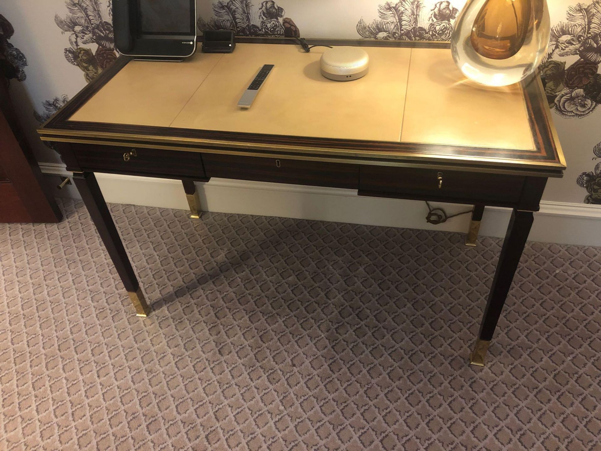 Writing Desk High Gloss Ebony Wood With Tooled Leather Inlay Faux Central Drawer Flanked By Single