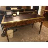 Louis XVI Style Brass Inlaid Burgundy Leather Mahogany Desk Single Drawer On Square Tapering Legs