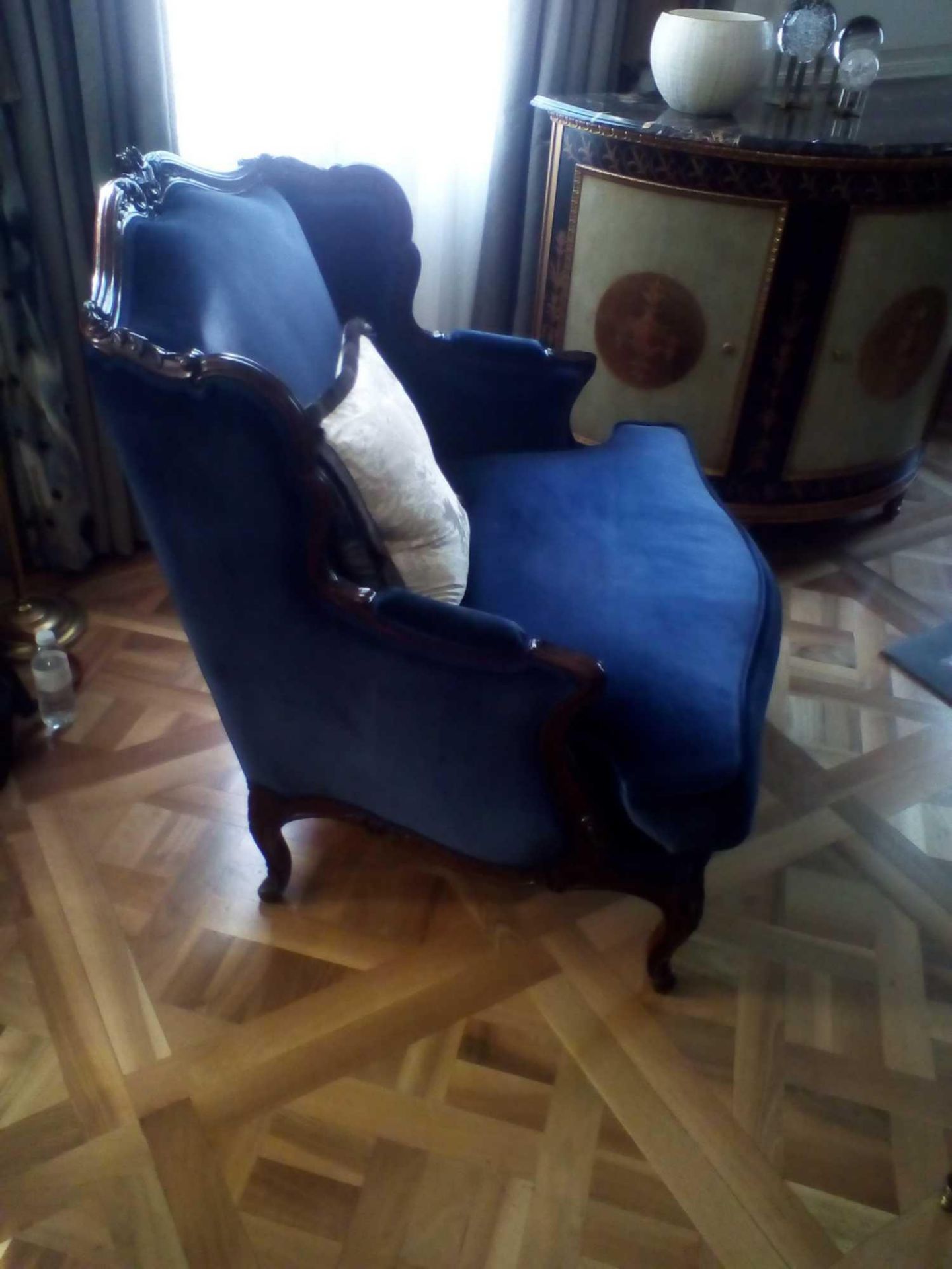 Louis XV Style Loveseat Mahogany Carved With Floral Patina And Cabriole Legs Blue Upholstered 100