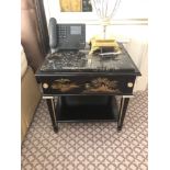 A Pair Of Marble Top Chinoiserie Black Lacquer Nightstands With Single Drawer With Hand Painted