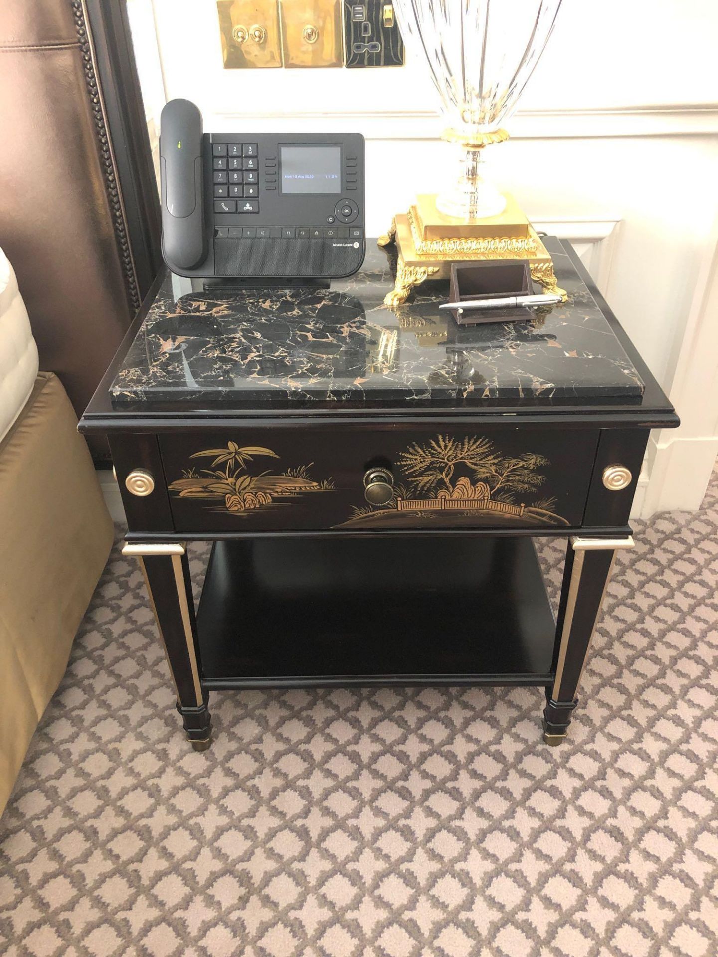 A Pair Of Marble Top Chinoiserie Black Lacquer Nightstands With Single Drawer With Hand Painted