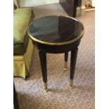 Circular Side Table With Antiqued Plate Top And Brass Trim Mounted On Tapering Legs With Brass