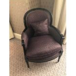 Bergere Chair Black Wood Frame Upholstered In A Dark Mauve Pattern With Stud Pin Detail 66 x 55 x