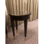 Circular Side Table With Antiqued Plate Top And Brass Trim Mounted On Tapering Legs With Brass