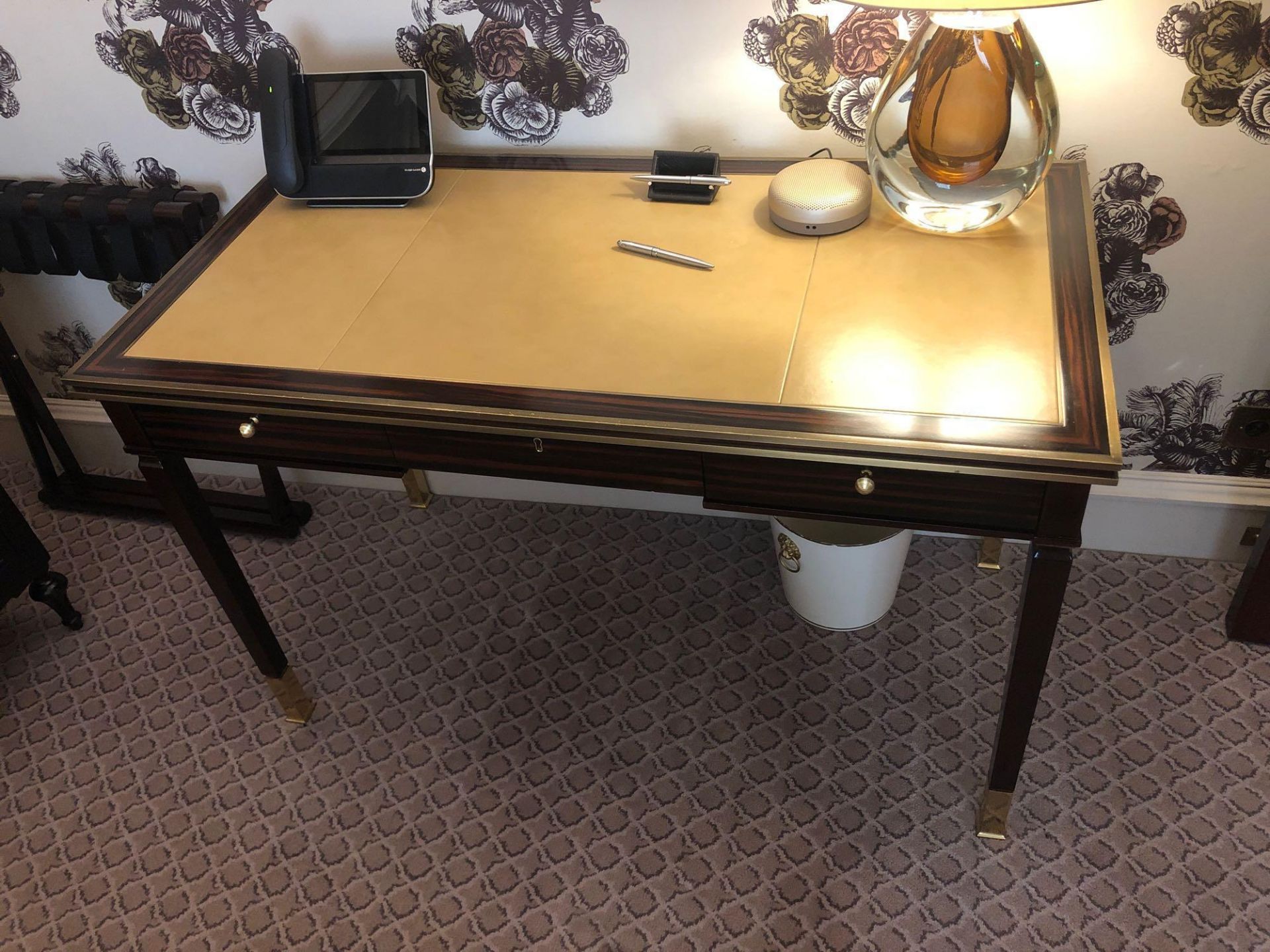 Writing Desk High Gloss Ebony Wood With Tooled Leather Inlay Single Drawer Mounted On Square