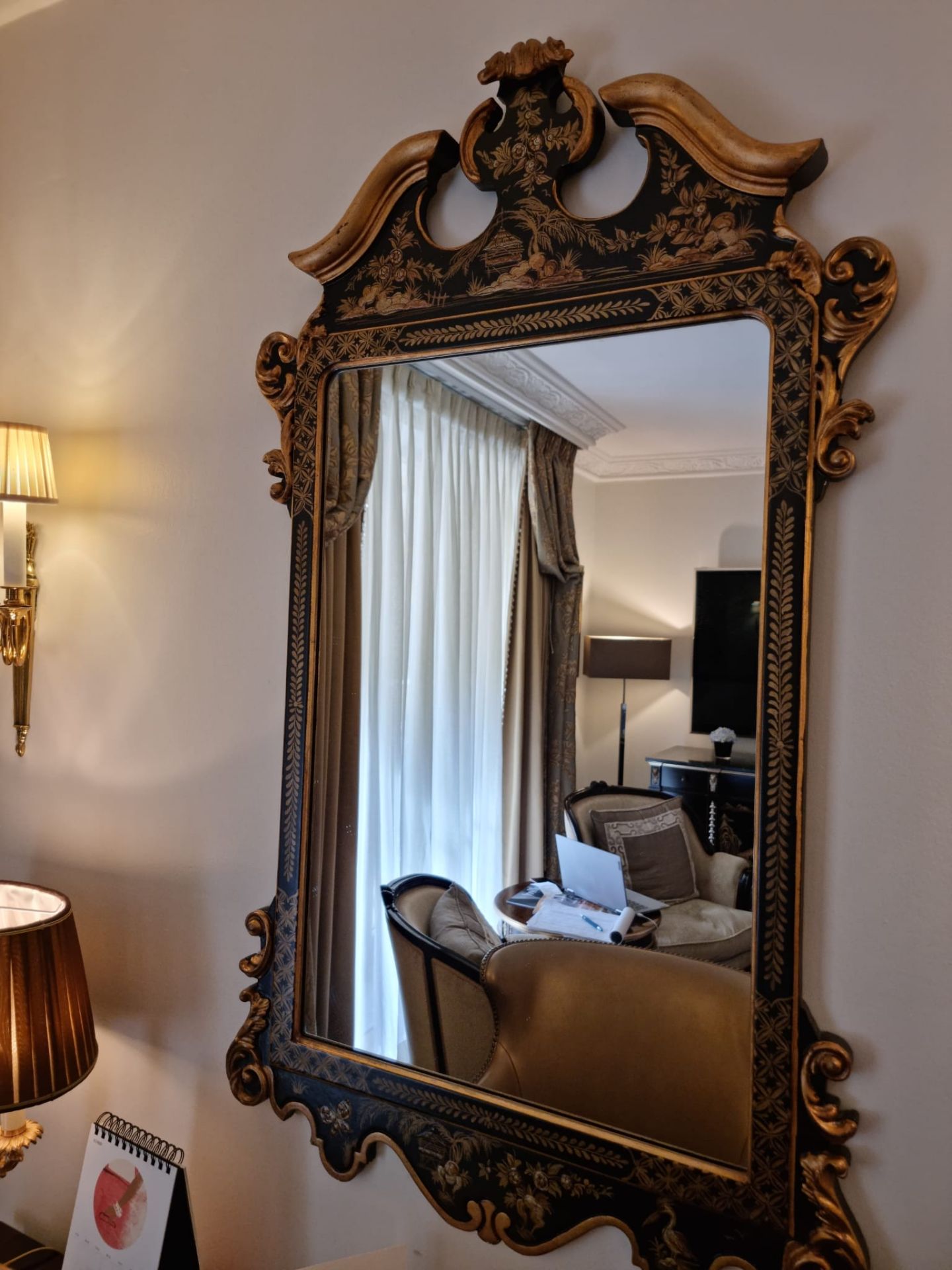 Black Lacquered And Gilt Accent Mirror With Cartouche Pediment 72 x 120cm (Room 105 - Image 2 of 3