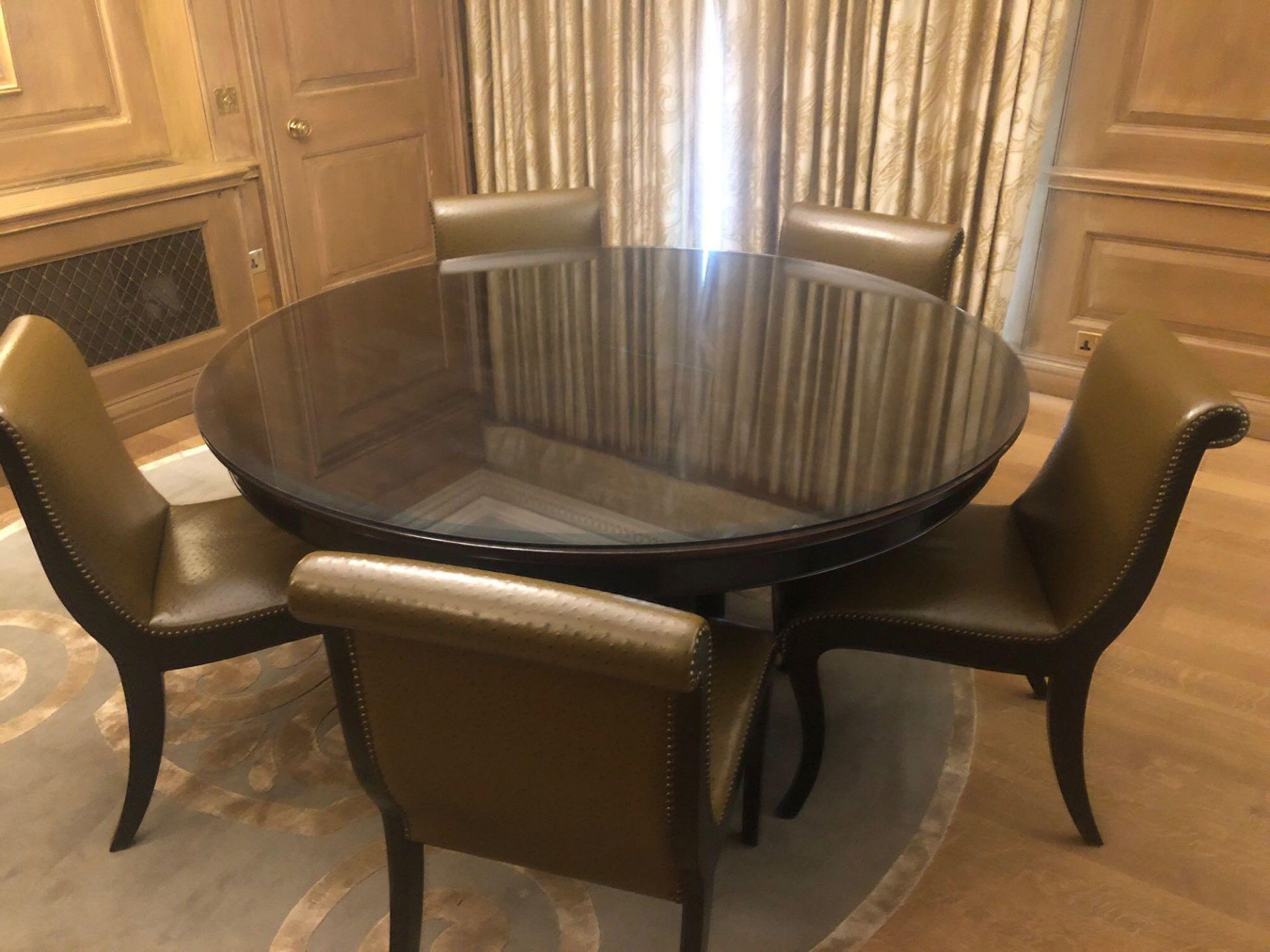 Circular Mahogany Dining Table With Protective Glass Top 59 x 77 Complete With 5 x Leather