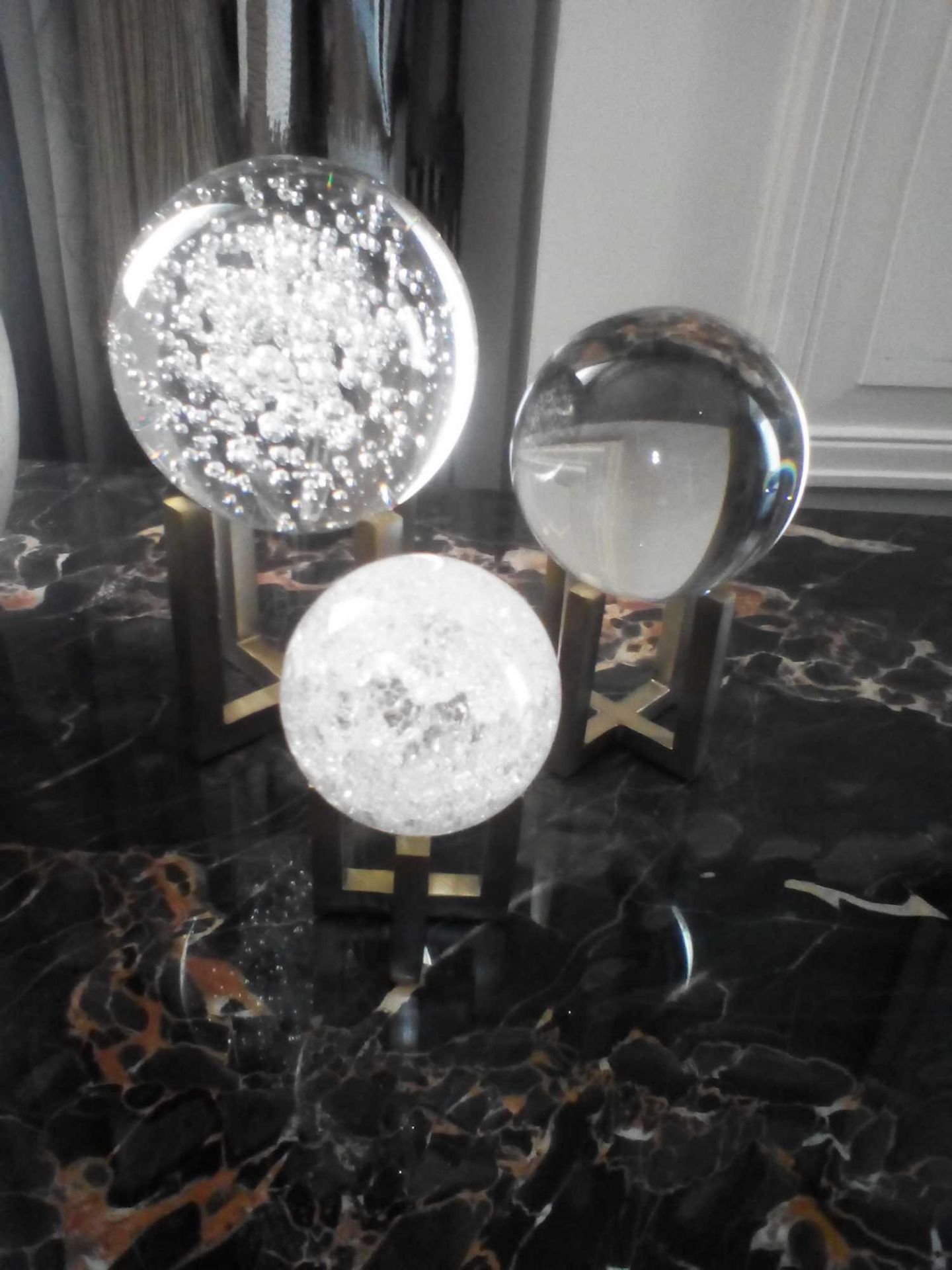 Set Of 3 Glass Crystal Paper Weight Spheres On Brass Stands (Room 102)