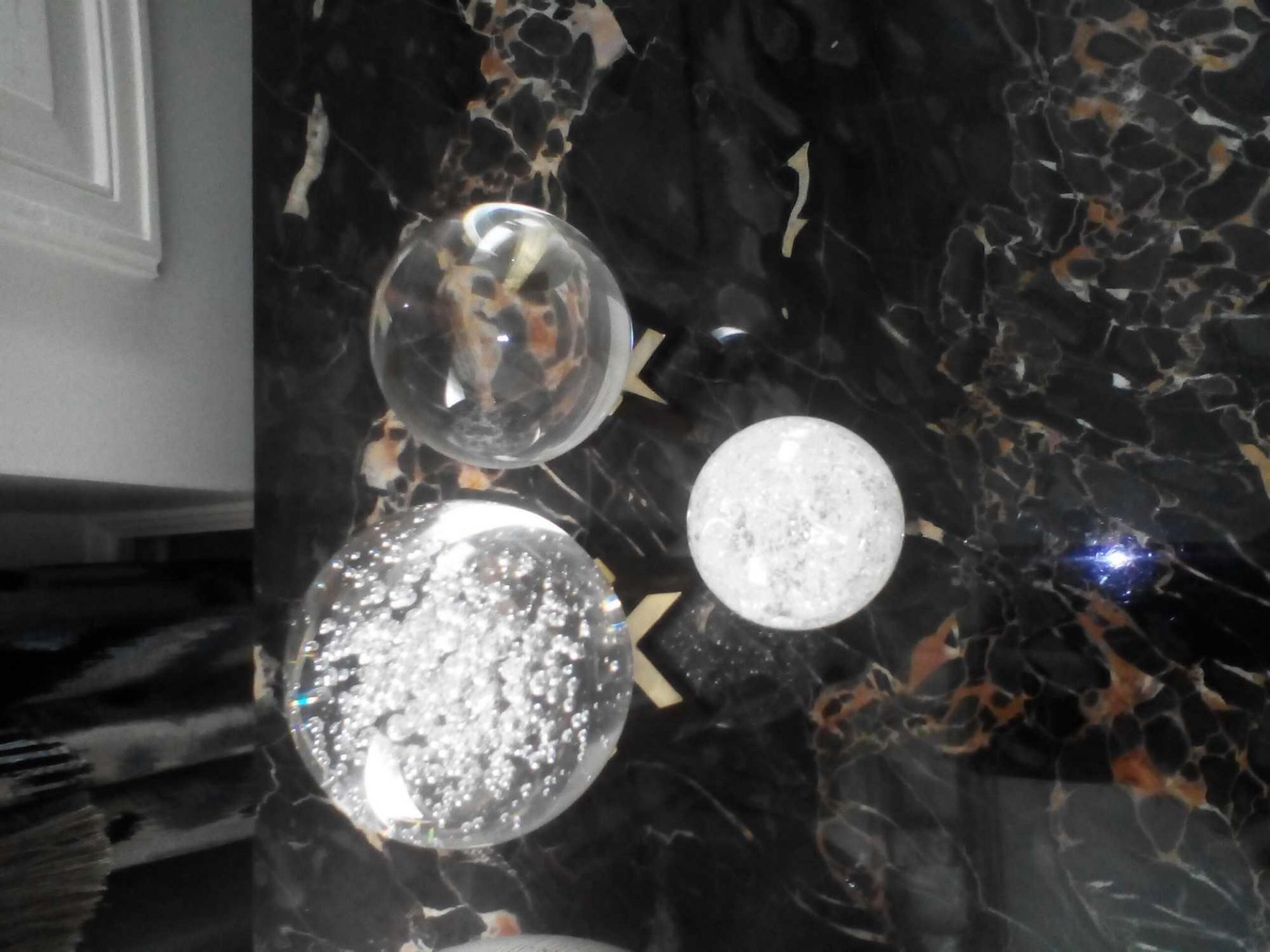 Set Of 3 Glass Crystal Paper Weight Spheres On Brass Stands (Room 102) - Image 2 of 2