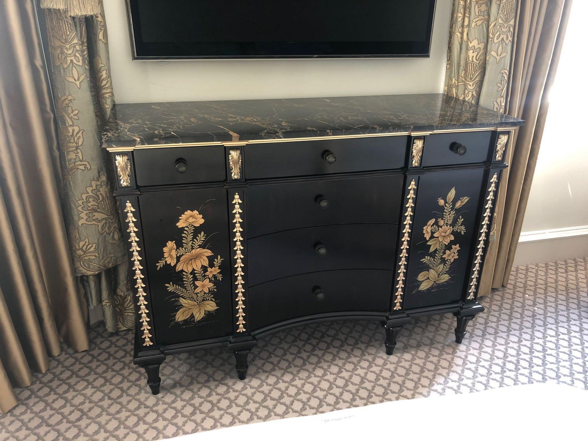 Black Lacquer Hand Decorated Chinoiserie Serpentine Commode By Restall Brown And Clennell The Five