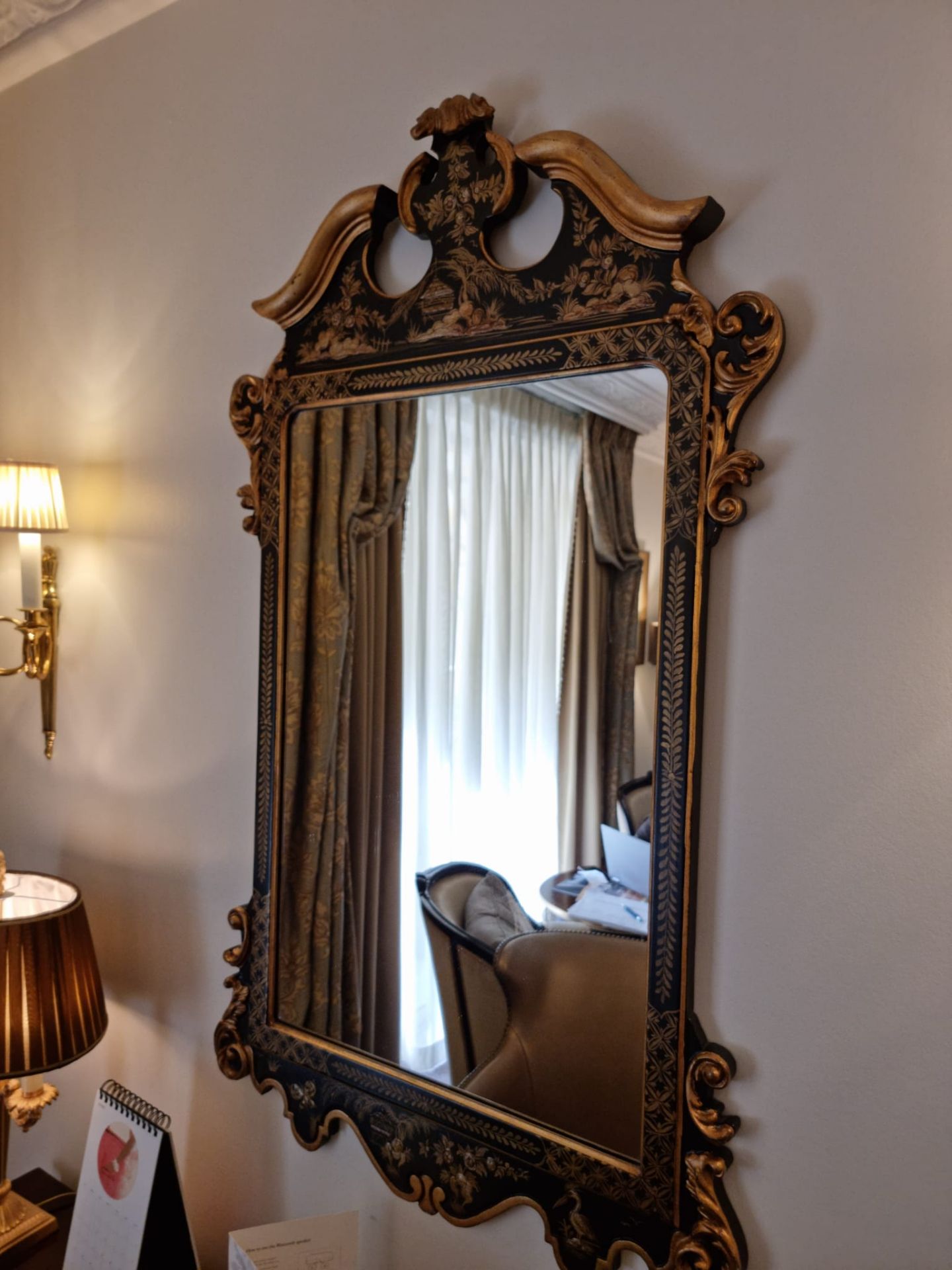 Black Lacquered And Gilt Accent Mirror With Cartouche Pediment 72 x 120cm (Room 105