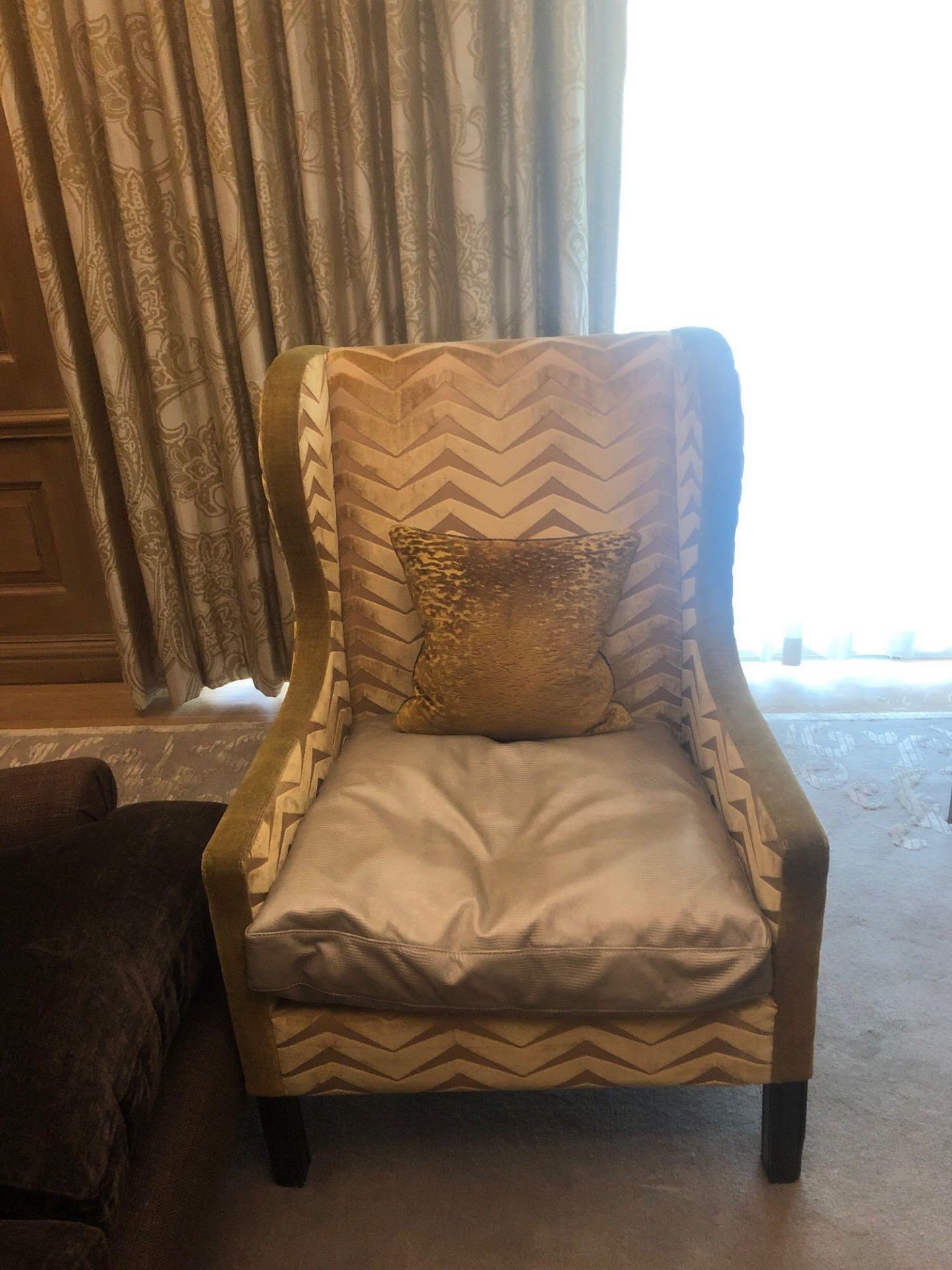 A Wingback Chair With Gold Chevron Fabric 78 x 62 x 106cm (Room 210)