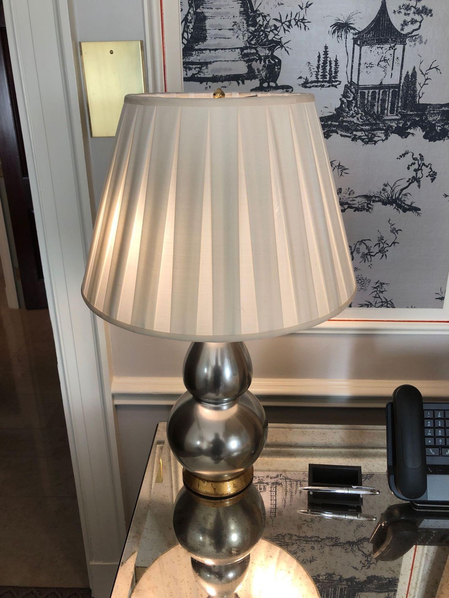 A Pair Of Heathfield And CO Double Gourd Silver Silhouette Table Lamp With Cream Pleated Lamp
