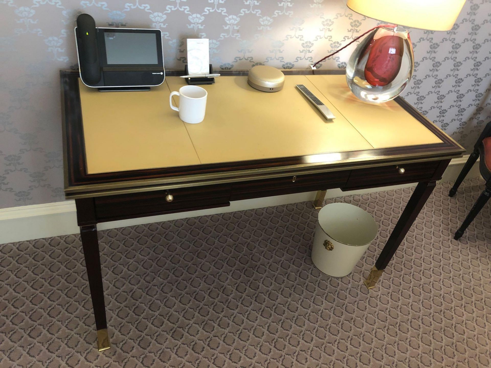 Writing Desk High Gloss Ebony Wood With Tooled Leather Inlay Single Drawer Mounted On Square