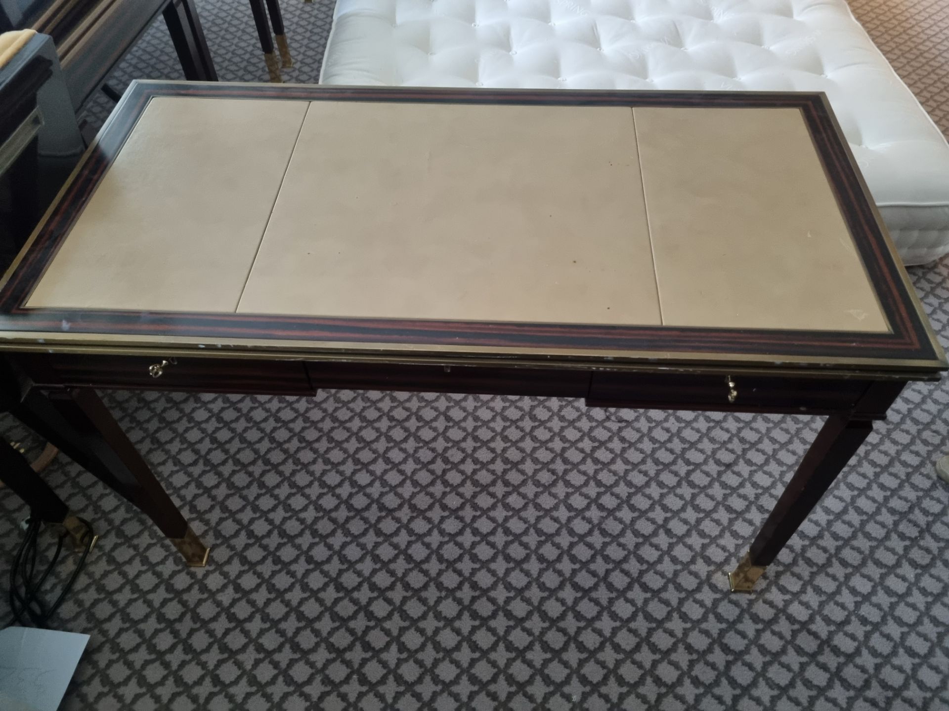 Writing Desk High Gloss Ebony Wood With Tooled Leather Inlay Faux Central Drawer Flanked By Single