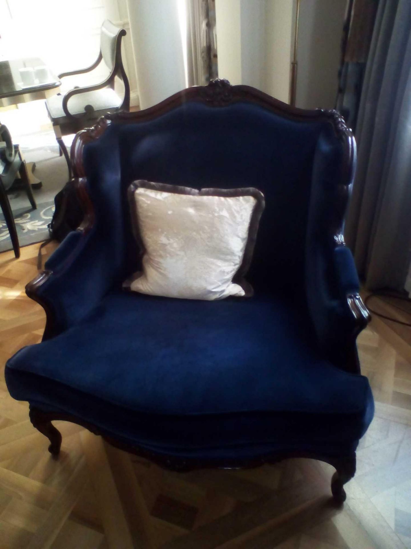 Louis XV Style Loveseat Mahogany Carved With Floral Patina And Cabriole Legs Blue Upholstered 100 - Image 2 of 2