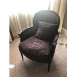 Bergere Chair Black Wood Frame Upholstered In A Dark Mauve Pattern With Stud Pin Detail 66 x 55 x