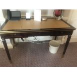 Writing Desk With Tooled Leather Inlay Faux Central Drawer Flanked By Single Drawer And Flap