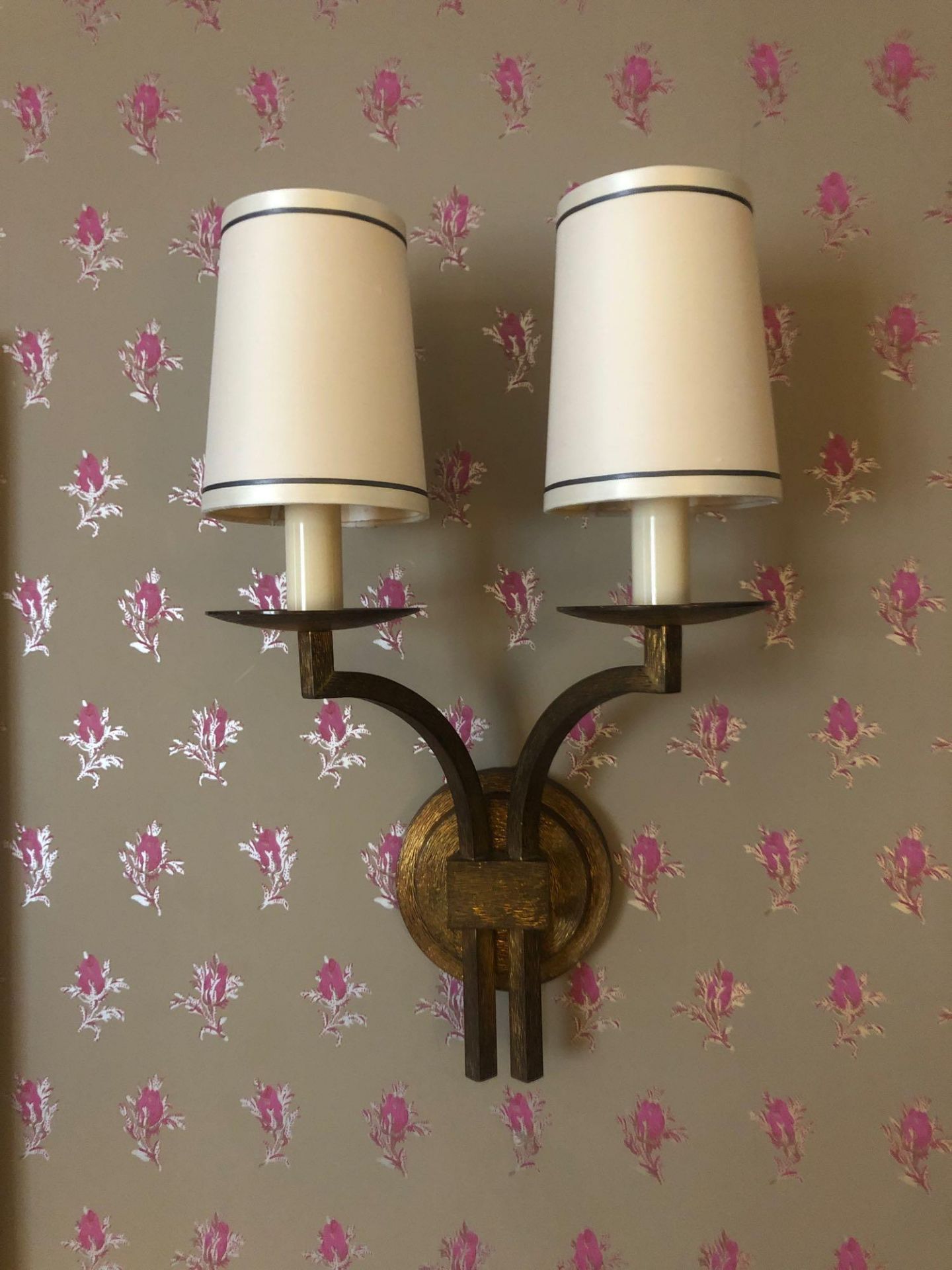 A Pair Of Dernier And Hamlyn Twin Arm Antique Bronzed Wall Sconces With Shade 51cm (Room 219) - Image 2 of 2