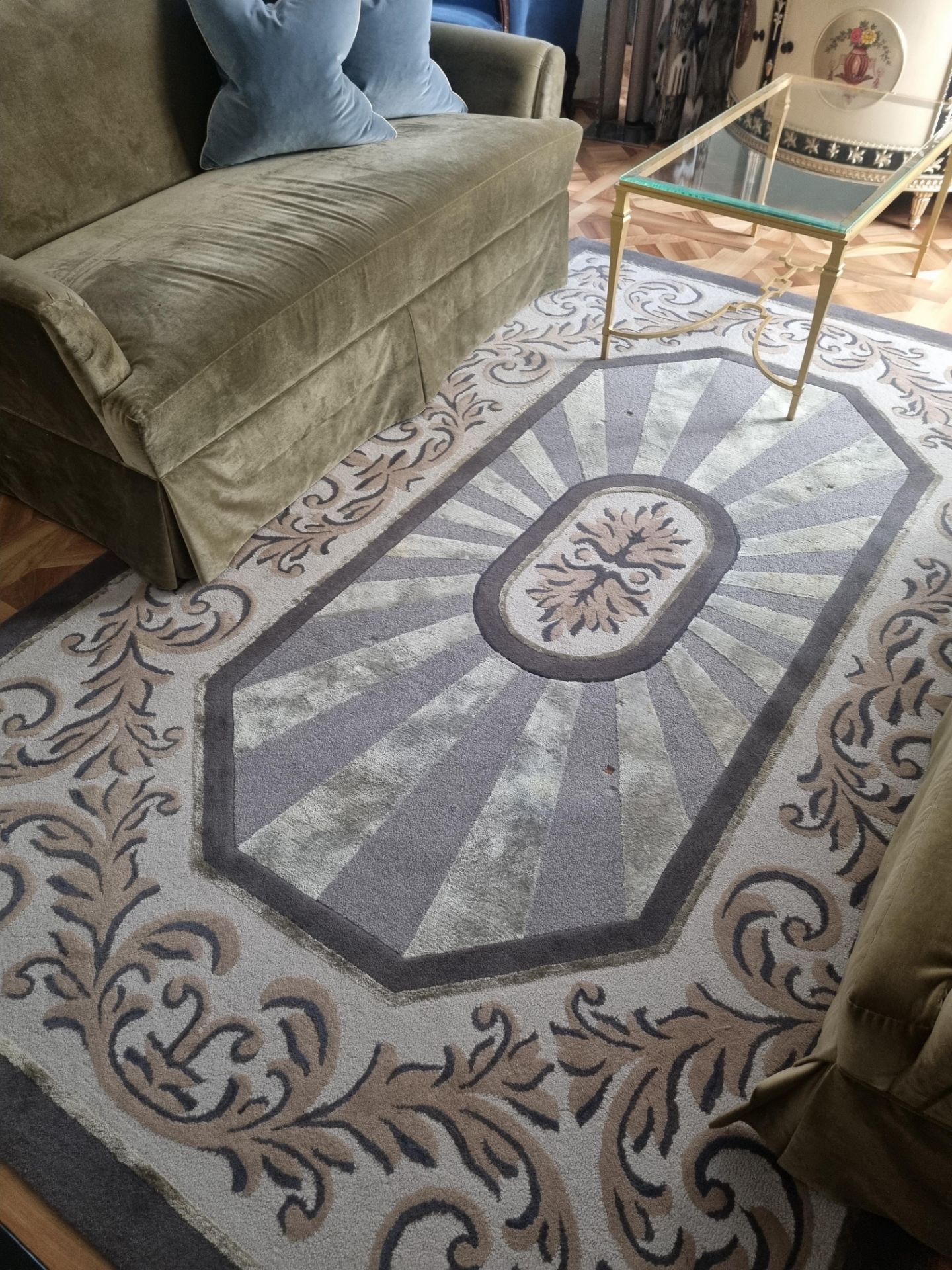 Custom Made Luxury Rug In Blue Grey And Cream Hand Tufted Area Rug Wool / Botanical Silk Made In