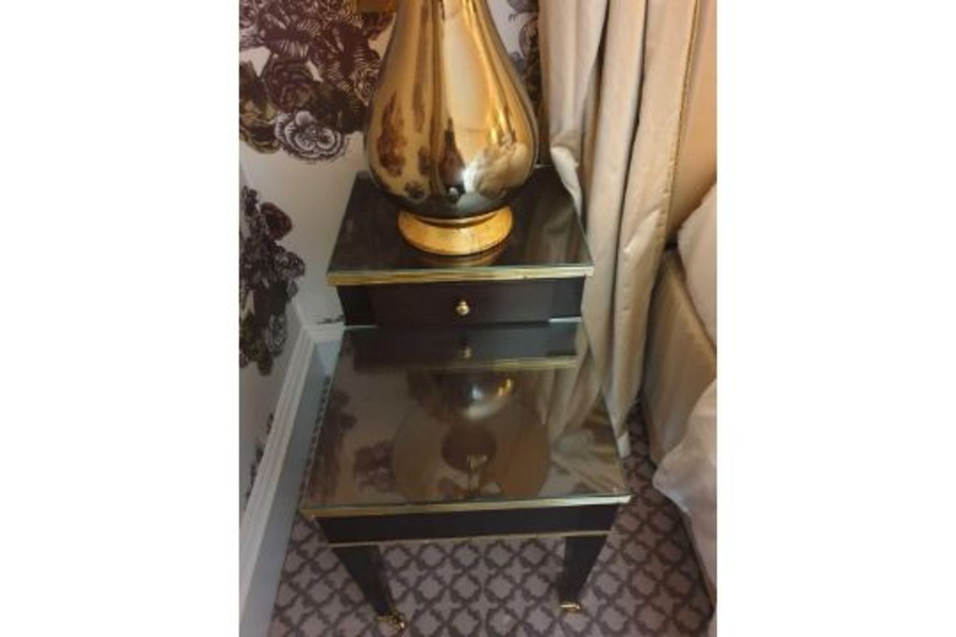 A Pair Of Two Tier Bedside Nightstands With Antiqued Plate Top With Storage Compartments Mounted - Image 3 of 3