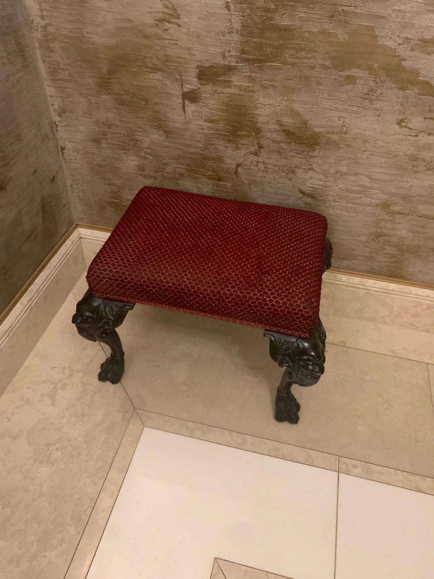 Hall Bench Upholstered Red Seat Pad With Nail Head Trim On Mask Knuckle Cabriole Legs Terminating In