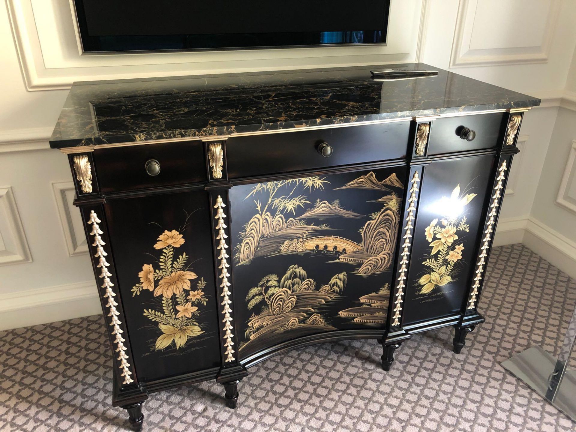 Black Lacquer Hand Decorated Chinoiserie Serpentine Commode By Restall Brown And Clennell The Six