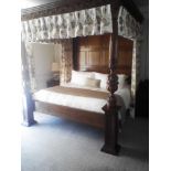 Regency Style Mahogany Heavily Carved Four Poster Bed 210x226 Surrounding Beige Patterned Curtains