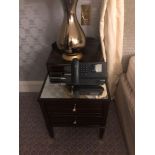 A Pair Of Two Tier Bedside Nightstands With Antiqued Plate Top With Storage Compartments Mounted