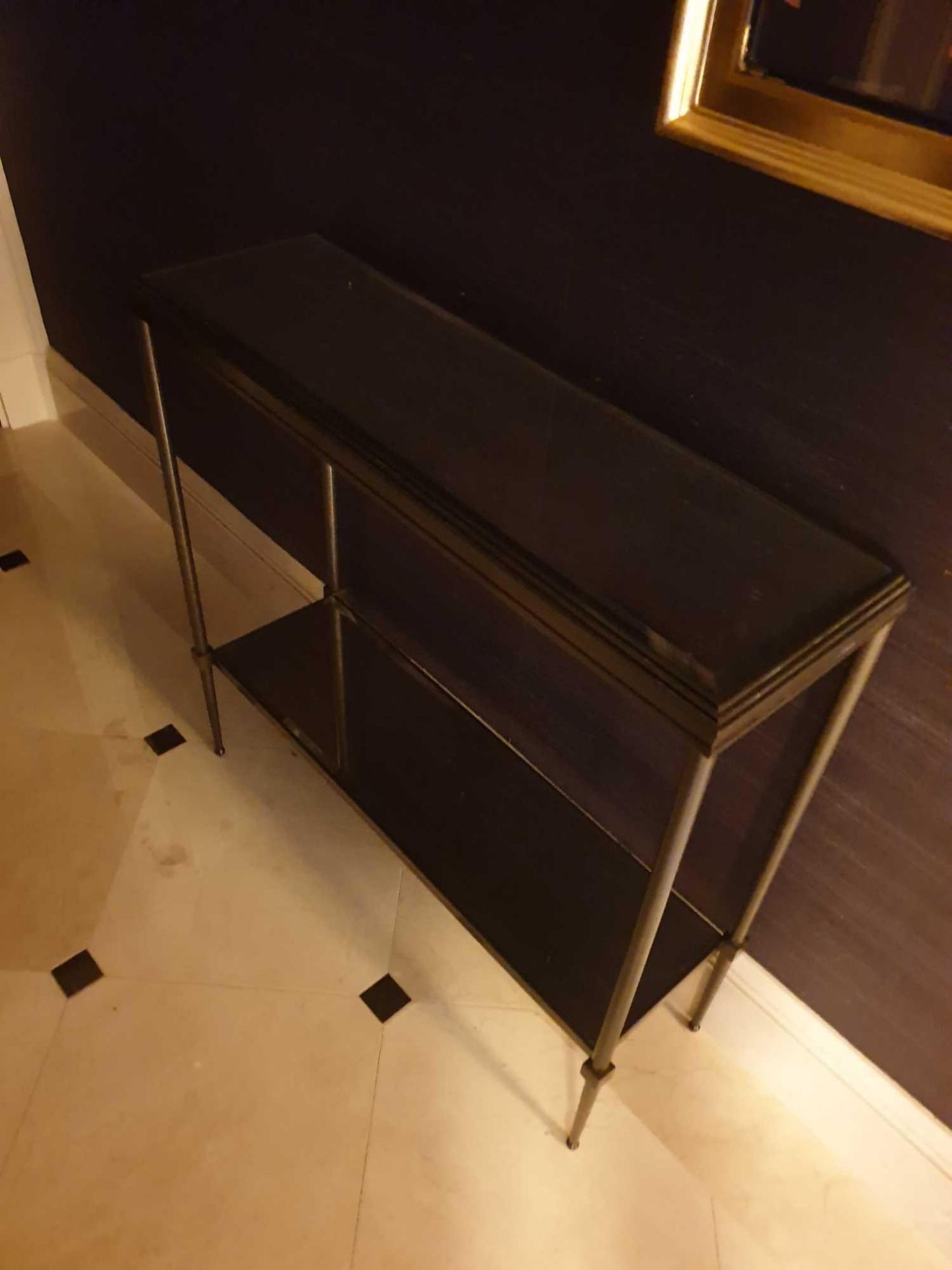 A Forged Metal Two Tier Console Table With Glass Shelves 88 x 24 x 74cm (Room 140)