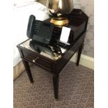 A Pair Of Two Tier Bedside Nightstands With Antiqued Plate Top With Storage Compartments Mounted