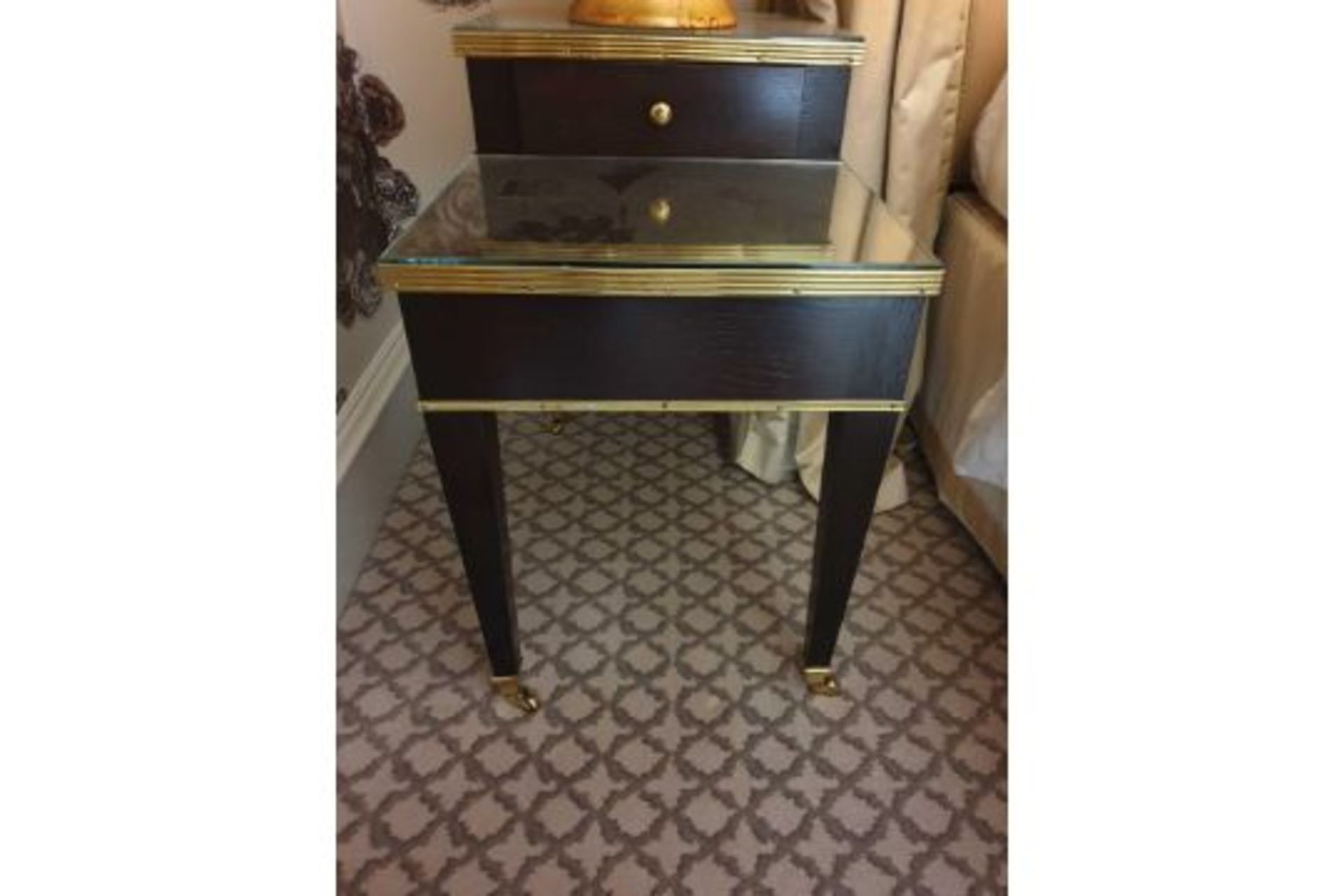 A Pair Of Two Tier Bedside Nightstands With Antiqued Plate Top With Storage Compartments Mounted - Image 2 of 3