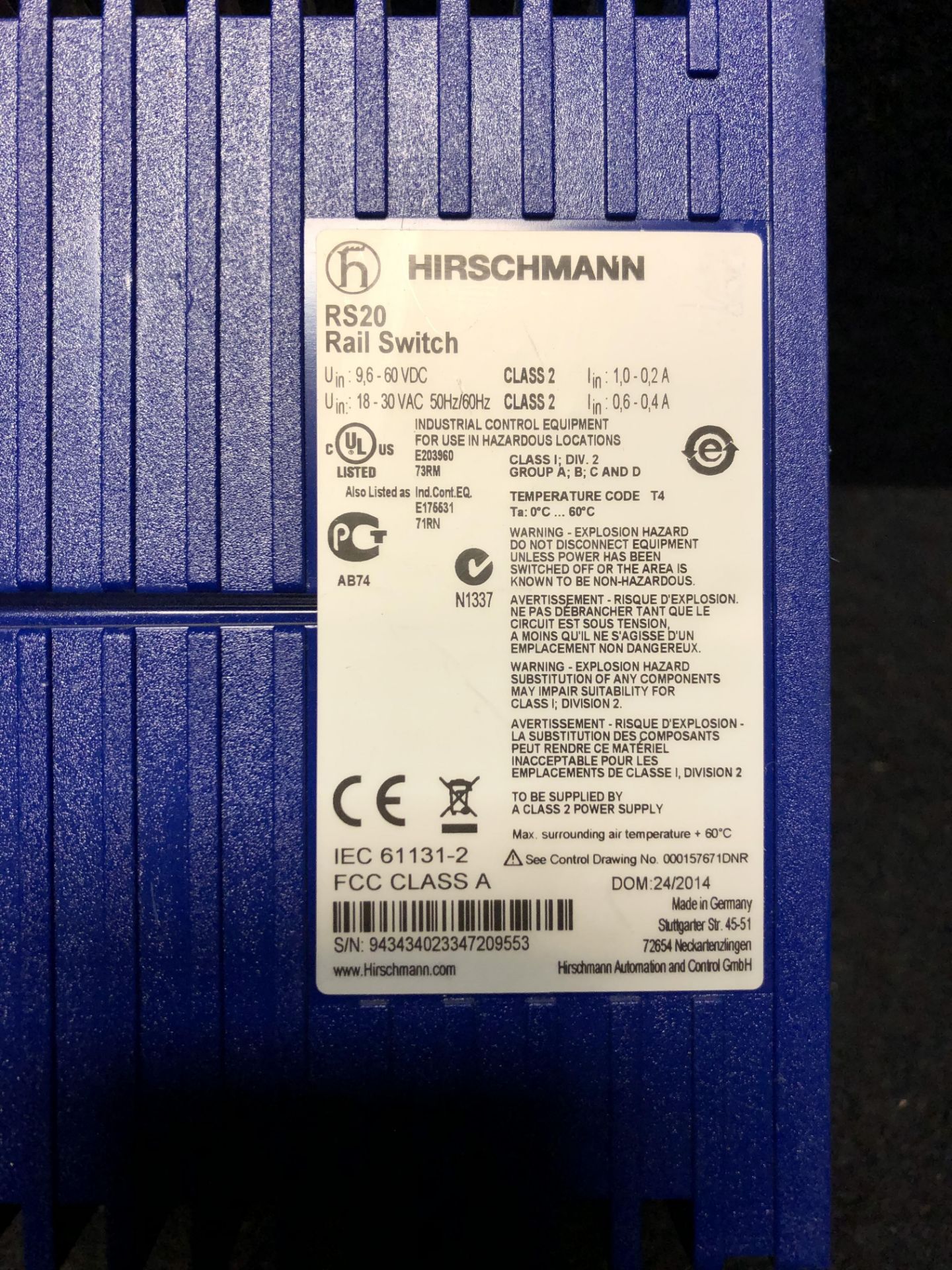 LOT OF 2 - HIRSCHMANN ETHERNET RAIL SWITCH RS20 - Image 6 of 6