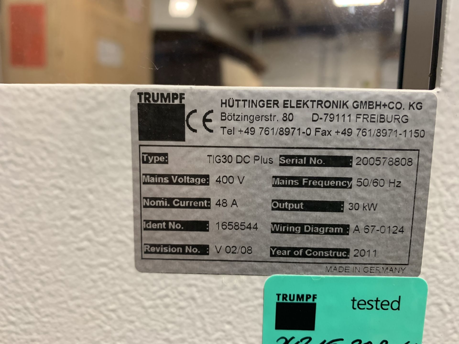 USED -TRUMPF HUTTINGER ELEKTRONIK GMBH TIG 30 DC PLUS 400V 48A 30KW POWER SUPPLY - Image 6 of 7