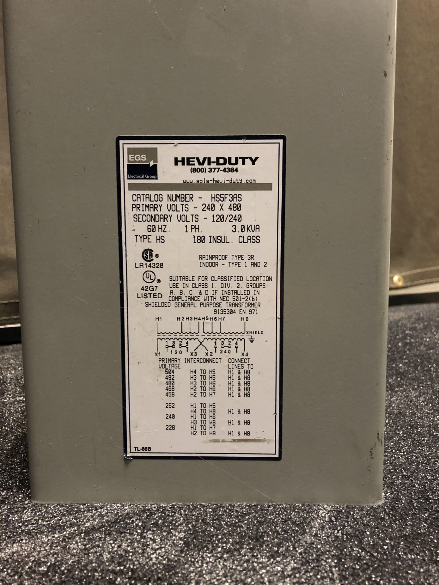 LOT OF 3 - EMERSON/EGS HEVI-DUTY HS14F3BS TRANSFORMER 3KVA 190/200x380/440V-IN, 110/220V-OUT 50/60HZ - Image 5 of 9