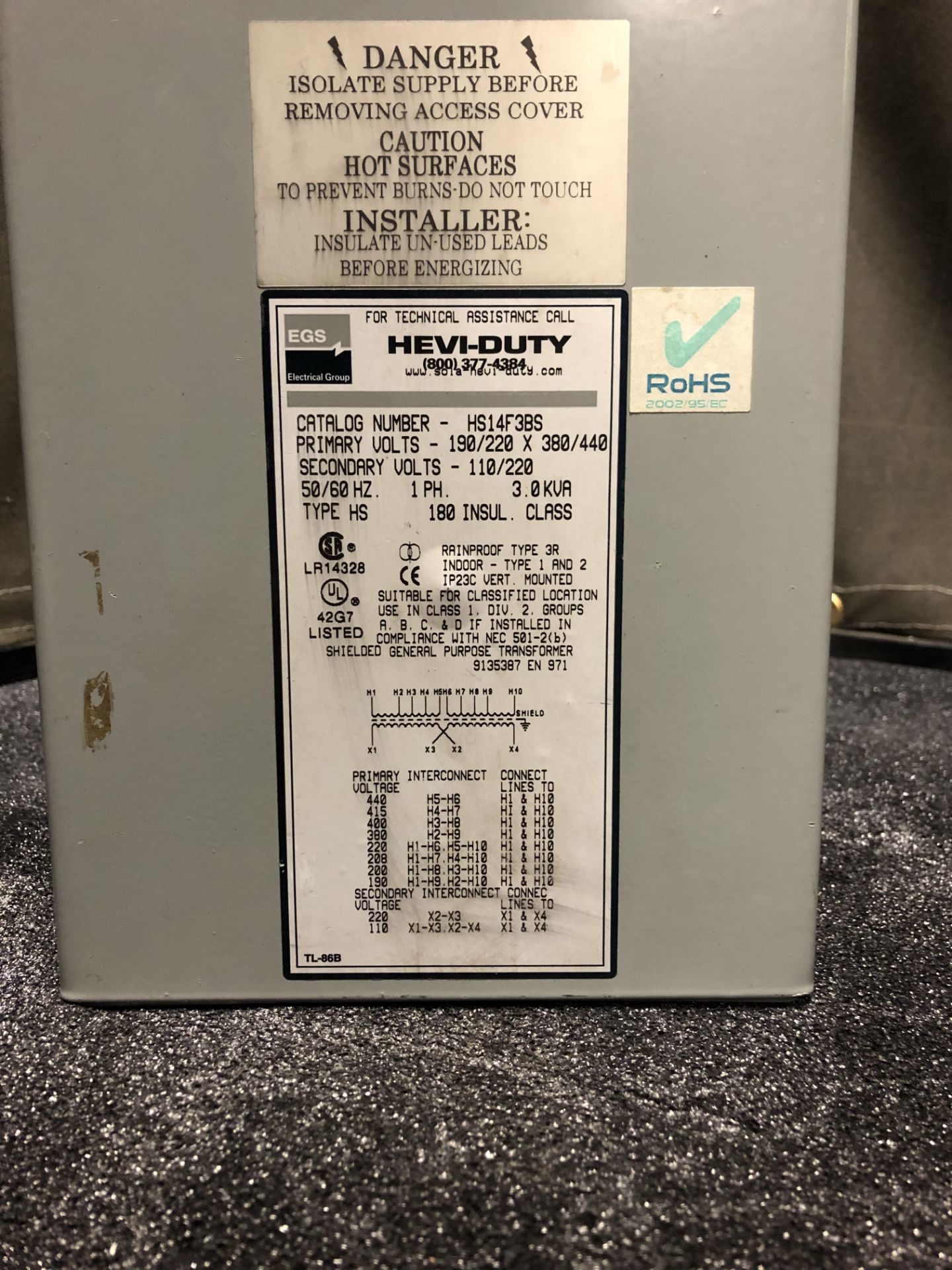 LOT OF 3 - EMERSON/EGS HEVI-DUTY HS14F3BS TRANSFORMER 3KVA 190/200x380/440V-IN, 110/220V-OUT 50/60HZ - Image 9 of 9