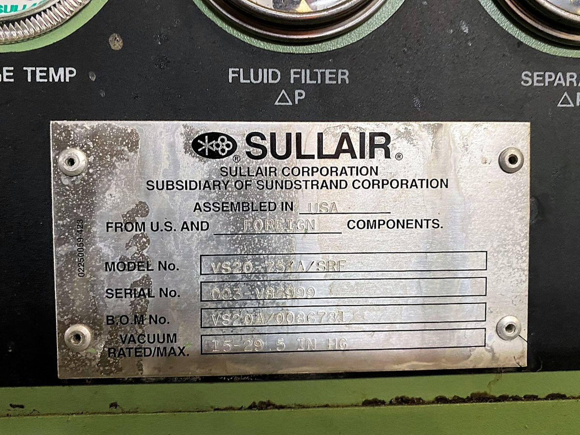 Sullair Model VS20-25/A/SRF Base Mount Rotary Screw Air Compressor   - Image 5 of 5