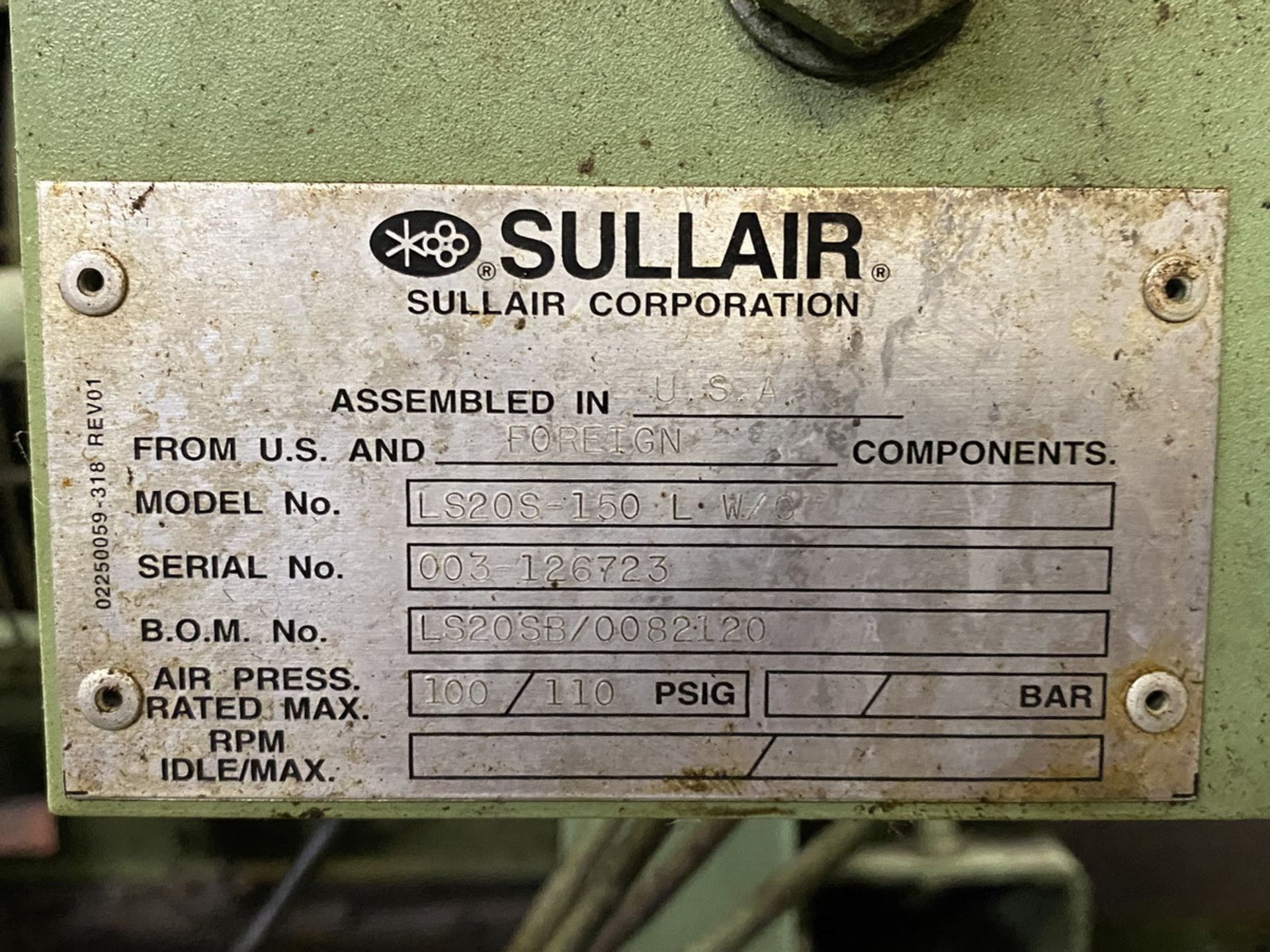 Sullair Model LS20S-150 Base Mount Rotary Screw Air Compressor   - Image 4 of 4