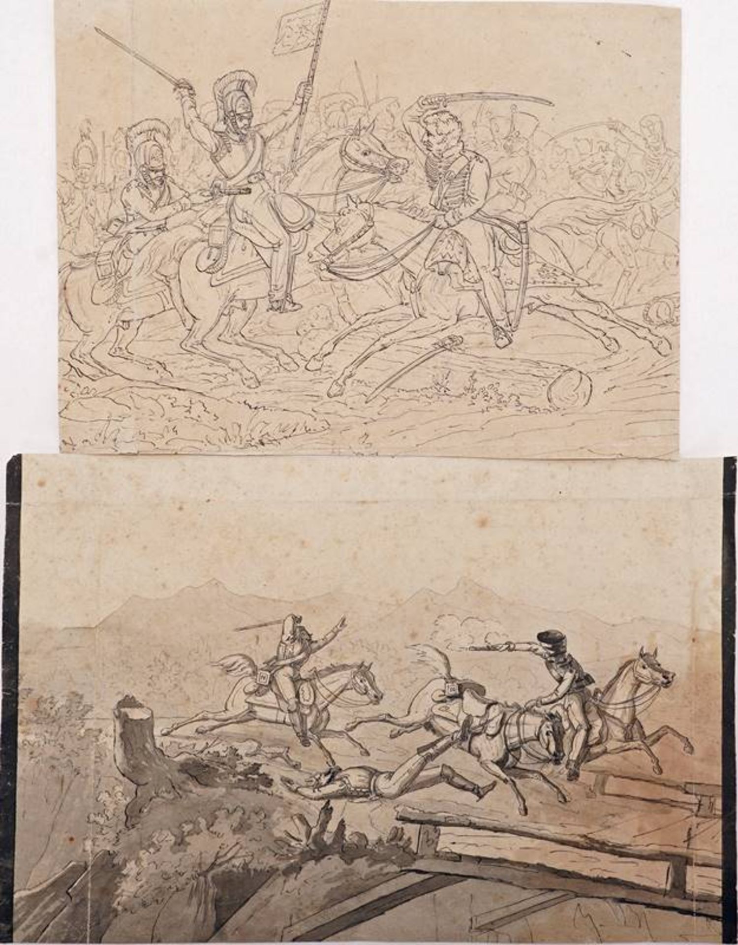 Zwei Reiterschlacht-Zeichnungen