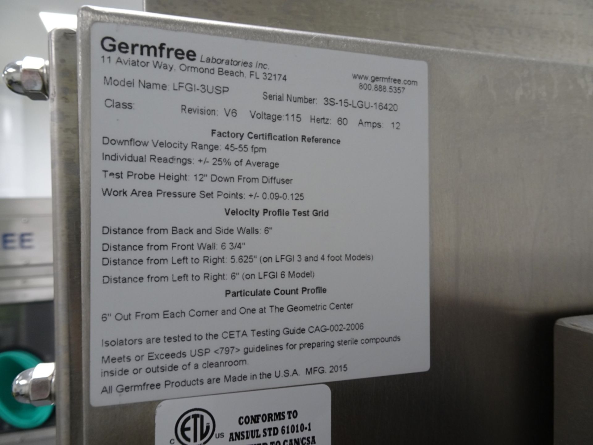 Germfree Laboratories Stainless Steel Laminar Flow Glovebox Isolator Mdl LFGI-3USP - Image 3 of 6