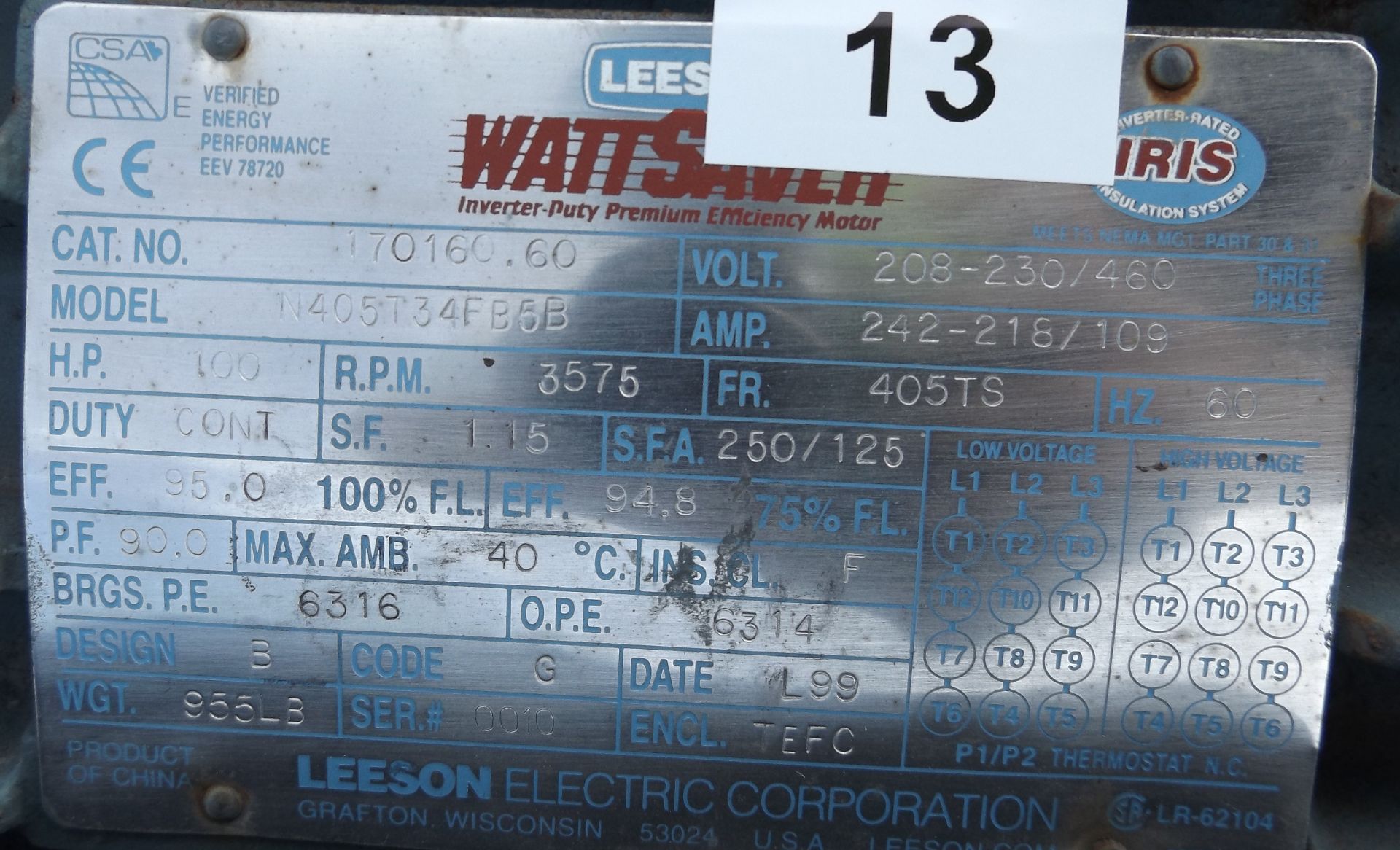 Leeson Electric 100 HP, 3575RPM, 405TS, 208-230/460 VOLT, 60Hz, 3 PH, TEFC ENCL - Image 2 of 2