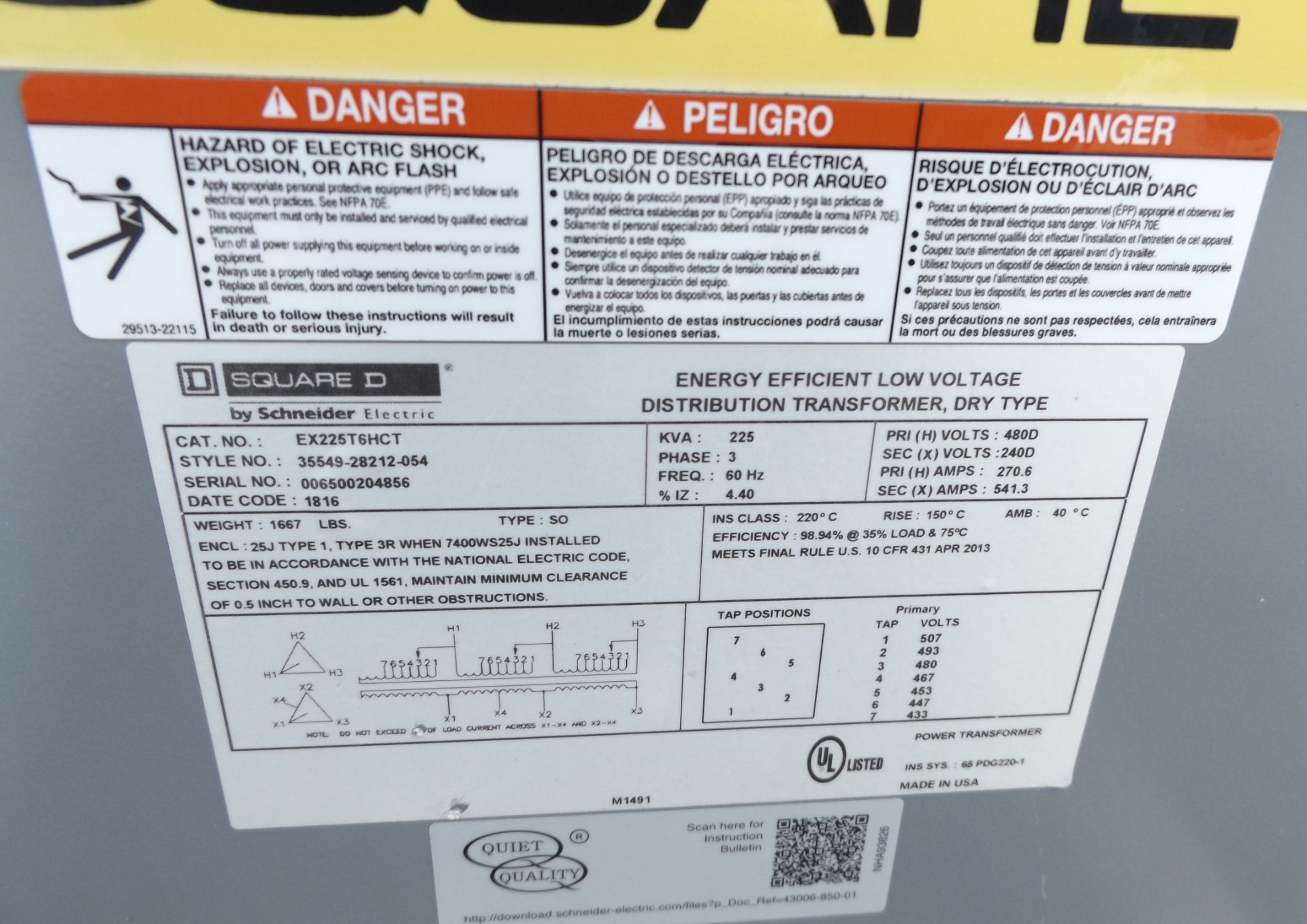 Square D Transformer; Model # EX225T6HCT;Serial #6500204856 - Image 2 of 2