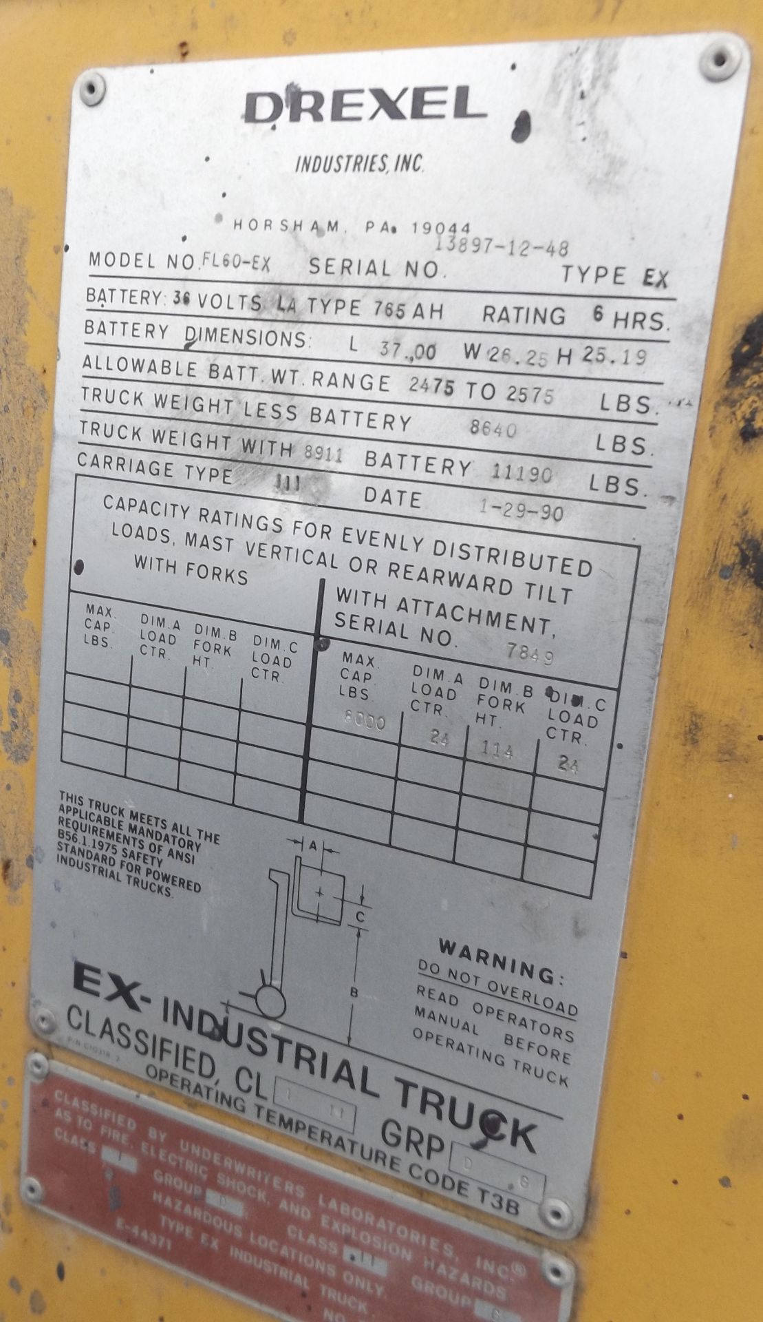 Drexel EX Lift Truck - 6000# Lift Capacity; Model # FL60-EX;Serial #13897-12-48 - Image 2 of 3