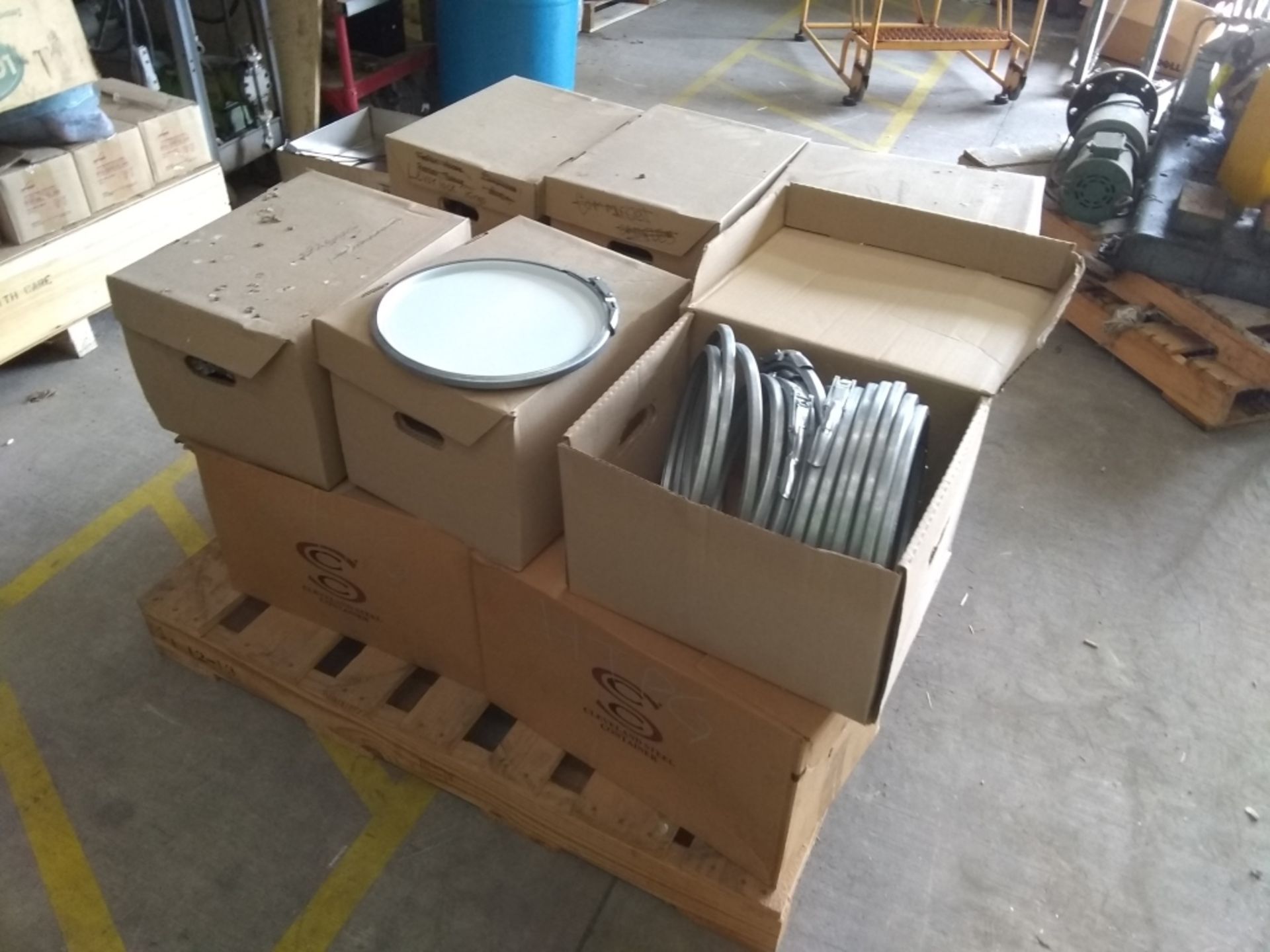 Skid of Cleveland Steel Container Steel Pail Lids