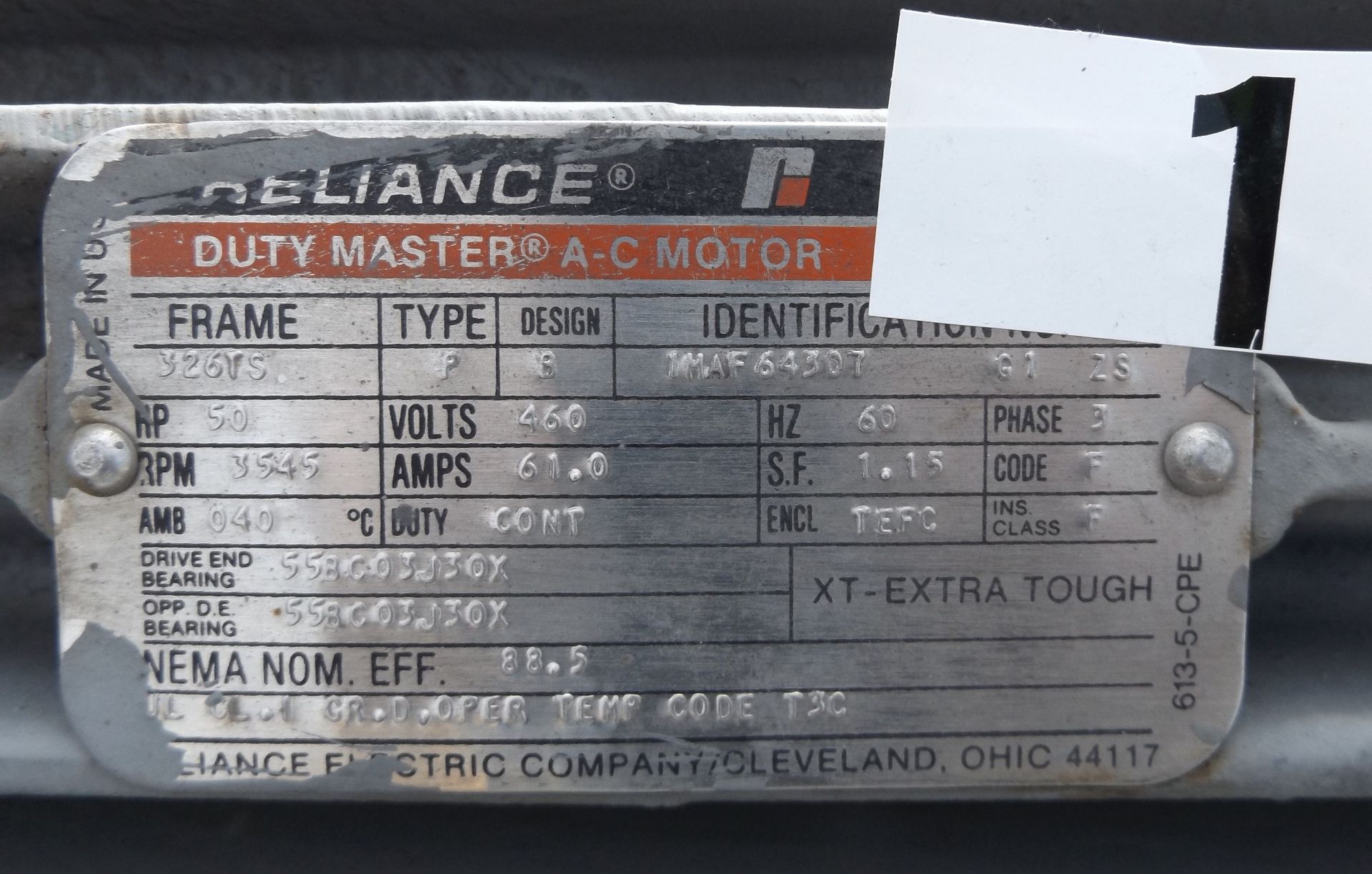 Reliance 50HP, 326TS, 3545 RPM, 460 VOLT, 60 Hz 3 PHASE, TEFC ENCL - Image 2 of 2
