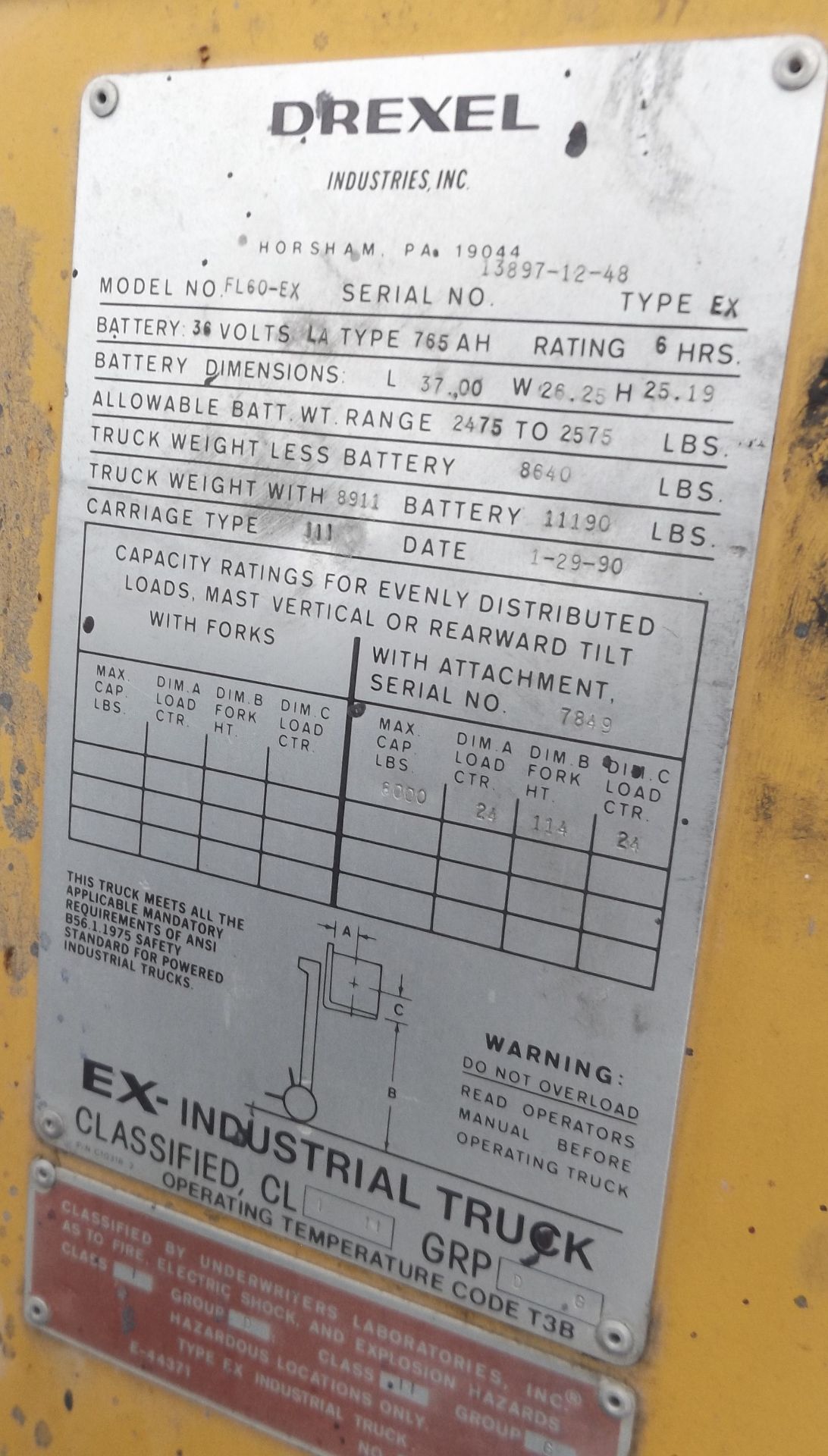 Drexel EX Lift Truck - 6000# Lift Capacity; Model # FL60-EX;Serial #13897-12-48 - Image 3 of 3