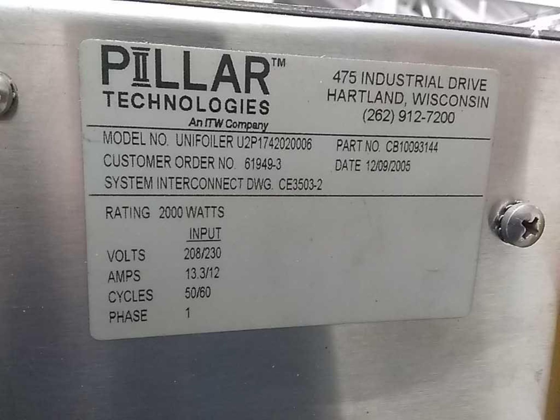 Pillar Technologies Unifoiler Model U2P1742020006 P/N CB10093144 Rating 2000 Watts Input 208/230V, - Image 7 of 8